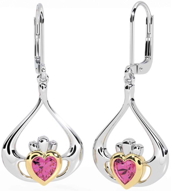 Pink Tourmaline White Yellow Gold Claddagh Dangle Earrings