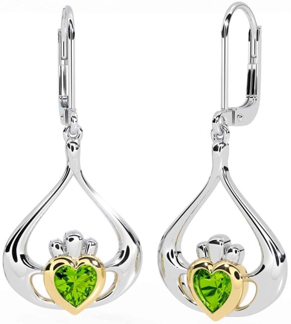 Peridot White Yellow Gold Claddagh Dangle Earrings