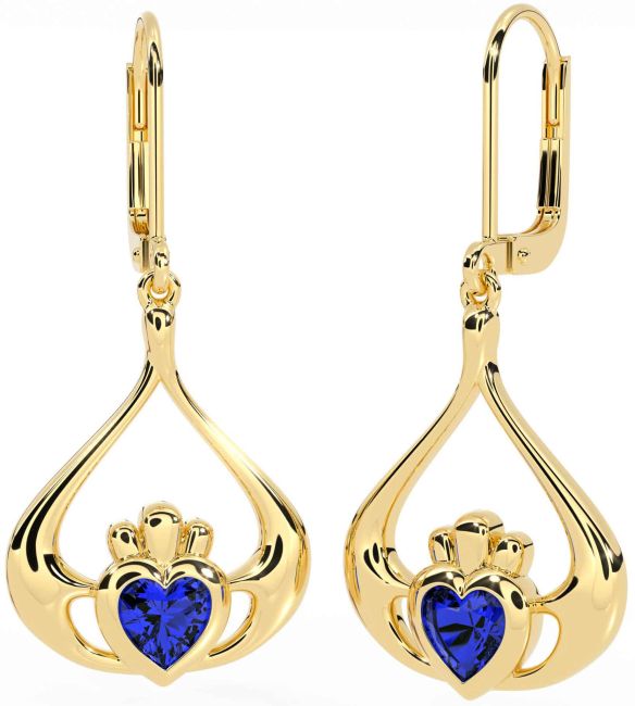 Sapphire Gold Claddagh Dangle Earrings