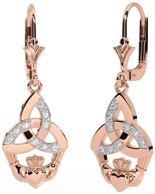 Diamond Rose Gold Silver Claddagh Celtic Trinity Knot Dangle Earrings