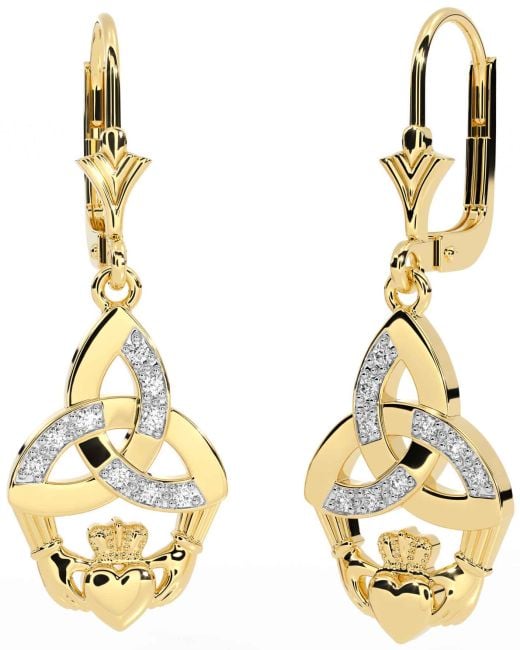 Diamond Gold Silver Claddagh Celtic Trinity Knot Dangle Earrings