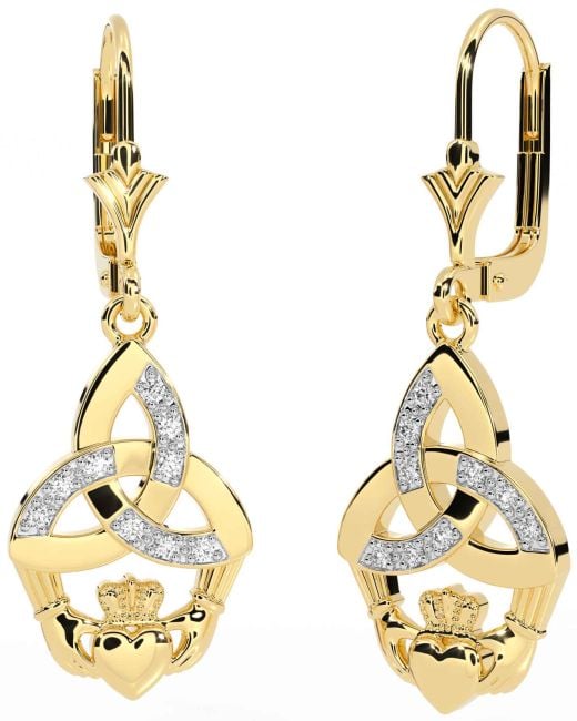 Diamond Gold Claddagh Celtic Trinity Knot Dangle Earrings