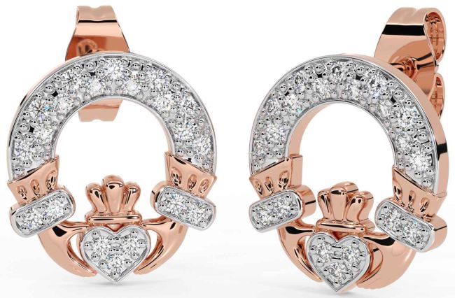 Diamond Rose Gold Silver Claddagh Stud Earrings