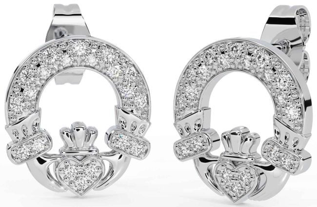 Diamond White Gold Claddagh Stud Earrings