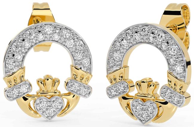 Diamond Gold Claddagh Stud Earrings