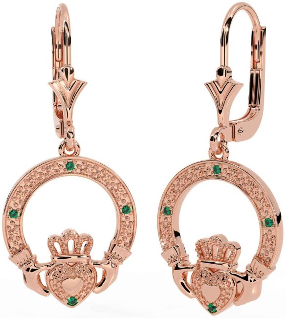 Emerald Rose Gold Silver Claddagh Dangle Earrings