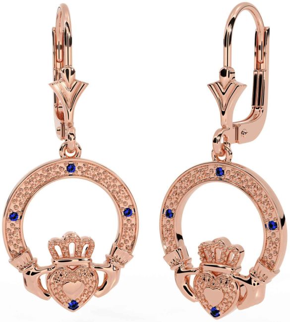 Sapphire Rose Gold Silver Claddagh Dangle Earrings
