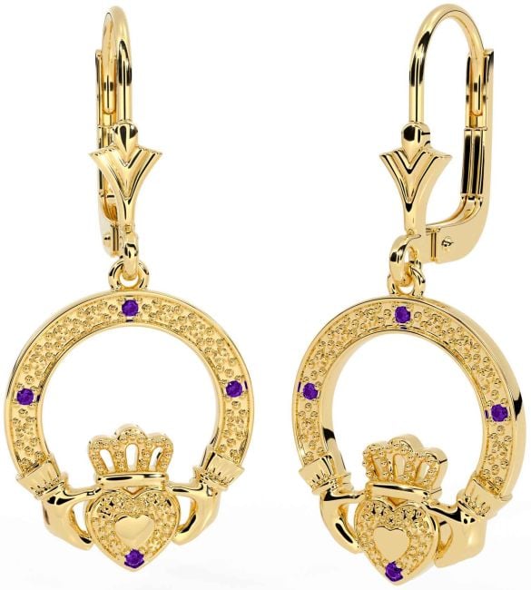 Amethyst Gold Silver Claddagh Dangle Earrings