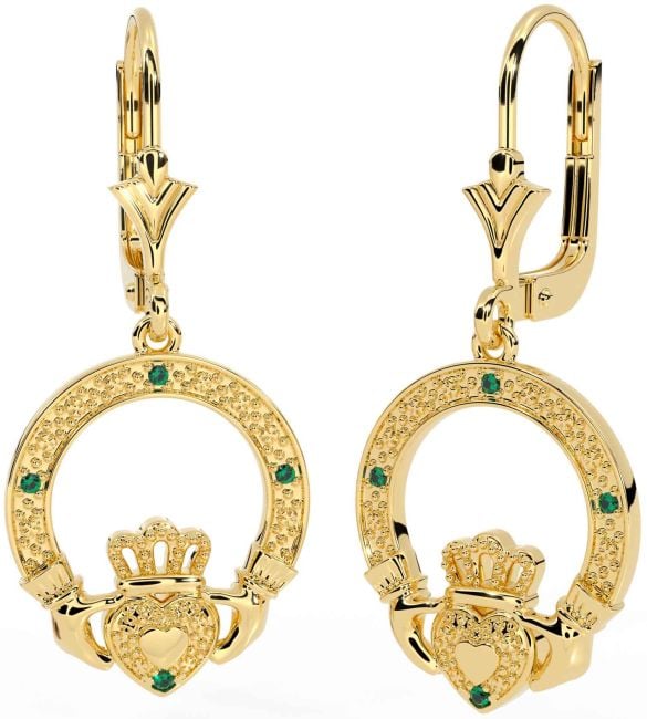 Emerald Gold Silver Claddagh Dangle Earrings