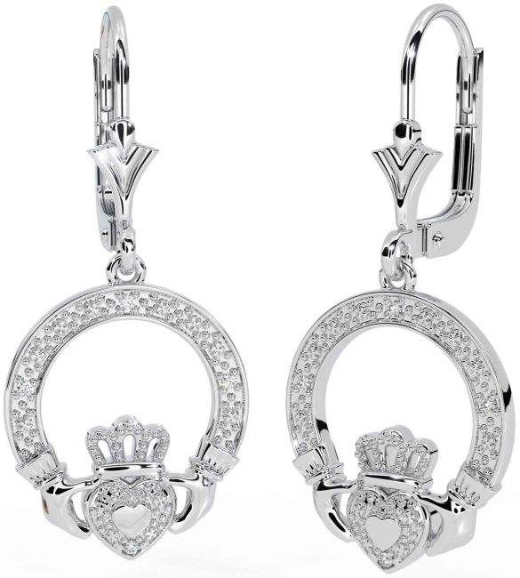 Diamond Silver Claddagh Dangle Earrings