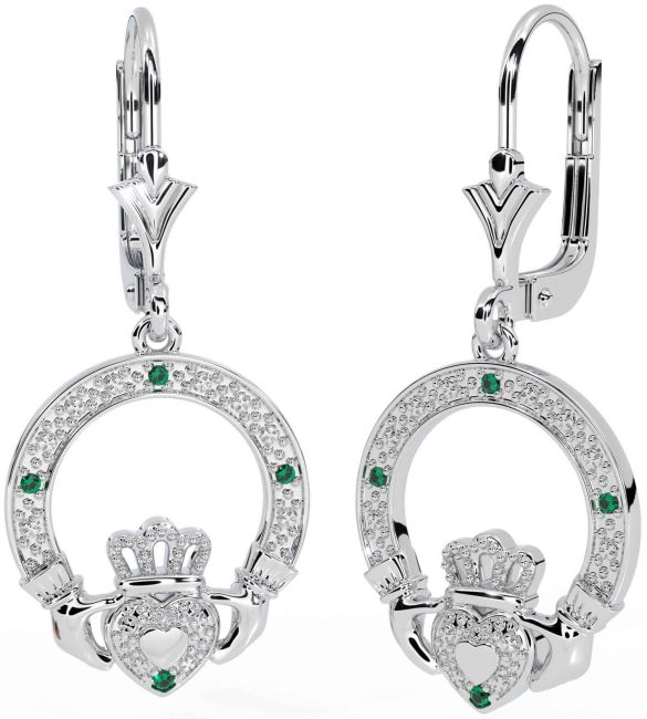 Emerald Silver Claddagh Dangle Earrings