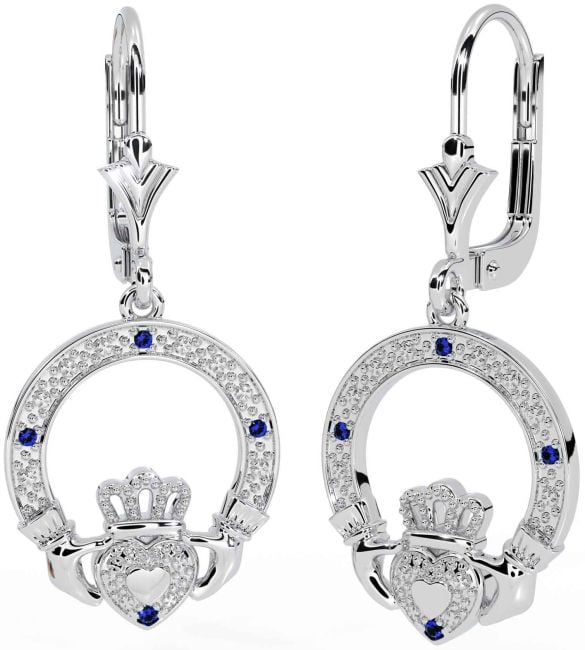 Sapphire Silver Claddagh Dangle Earrings