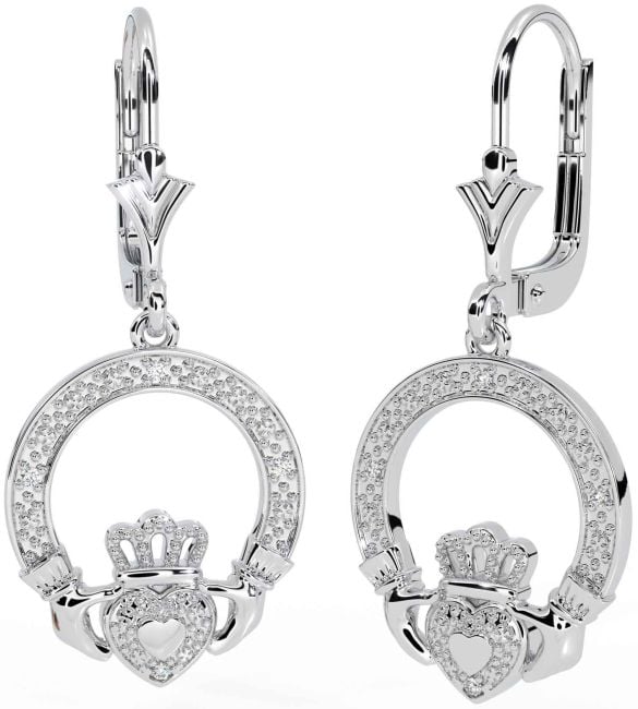 Diamond White Gold Claddagh Dangle Earrings