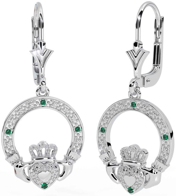 Emerald White Gold Claddagh Dangle Earrings