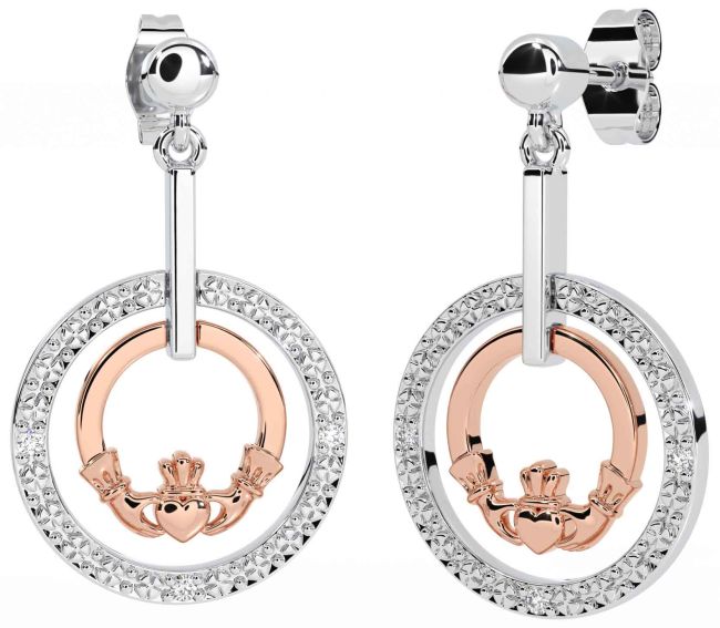 Diamond Rose Gold Silver Claddagh Dangle Earrings