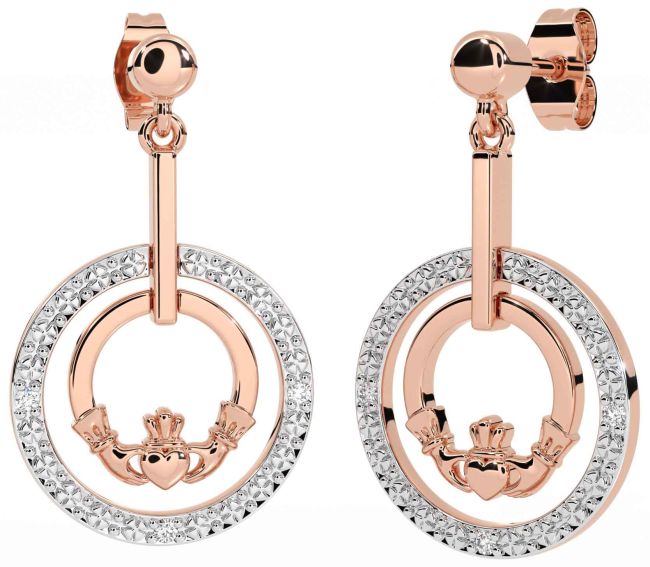 Diamond Rose Gold Claddagh Dangle Earrings