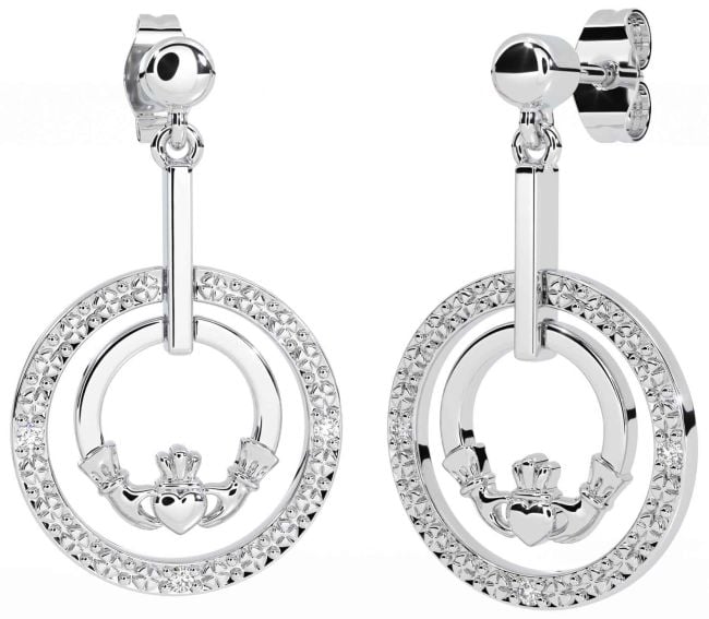 Diamond Silver Claddagh Dangle Earrings