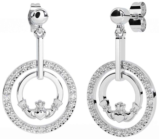 Diamond White Gold Claddagh Dangle Earrings