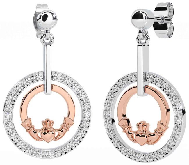 Diamond White Rose Gold Claddagh Dangle Earrings