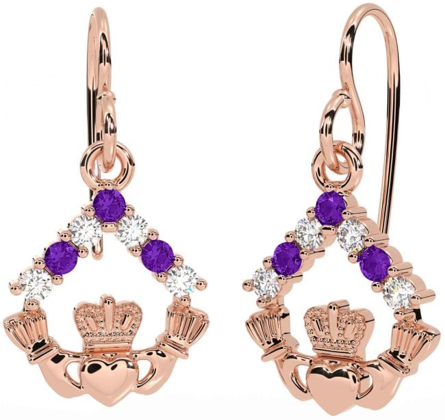 Diamond Amethyst Rose Gold Silver Claddagh Dangle Earrings