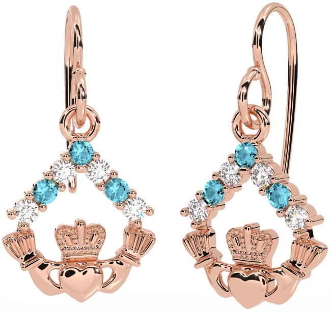 Diamond Aquamarine Rose Gold Silver Claddagh Dangle Earrings