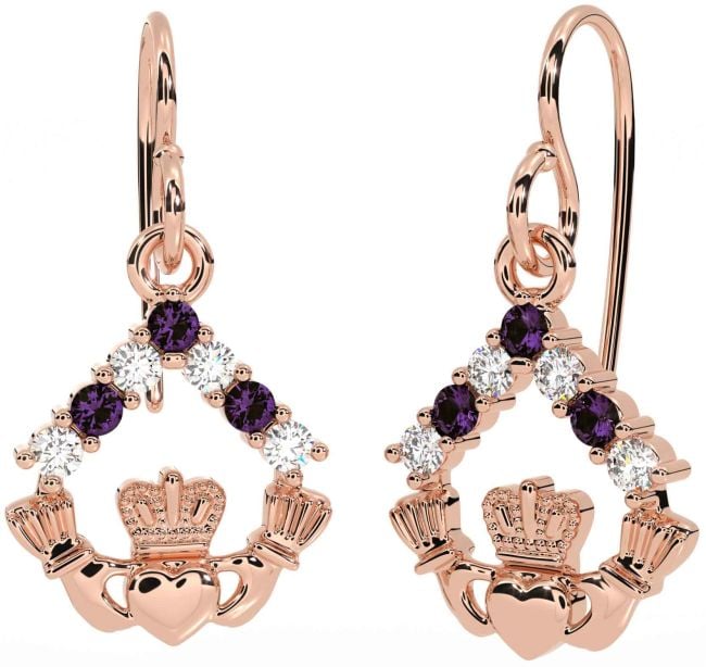 Diamond Alexandrite Rose Gold Silver Claddagh Dangle Earrings