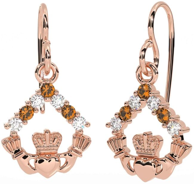 Diamond Citrine Rose Gold Silver Claddagh Dangle Earrings