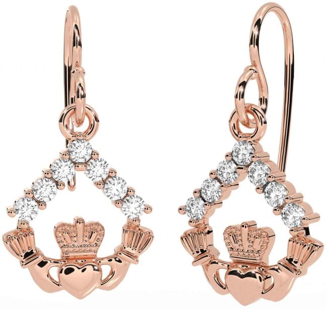 Diamond Rose Gold Silver Claddagh Dangle Earrings