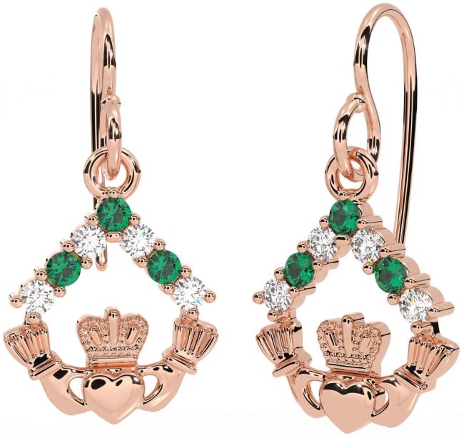 Diamond Emerald Rose Gold Silver Claddagh Dangle Earrings