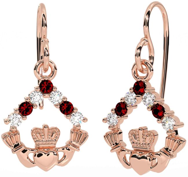 Diamond Garnet Rose Gold Silver Claddagh Dangle Earrings