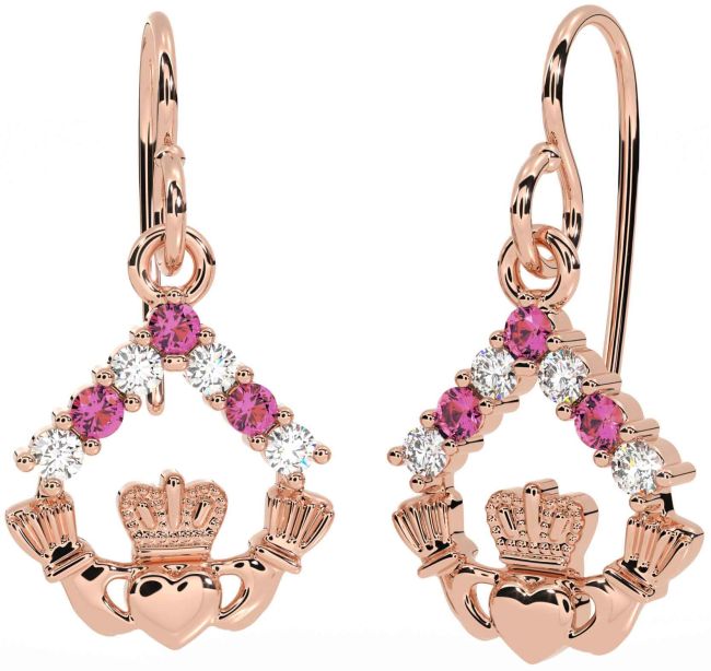 Diamond Pink Tourmaline Rose Gold Silver Claddagh Dangle Earrings