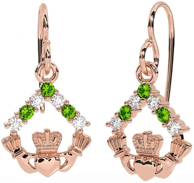 Diamond Peridot Rose Gold Silver Claddagh Dangle Earrings