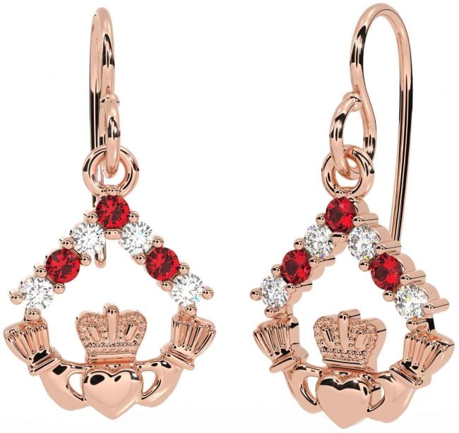 Diamond Ruby Rose Gold Silver Claddagh Dangle Earrings