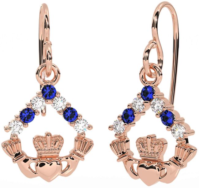 Diamond Sapphire Rose Gold Silver Claddagh Dangle Earrings