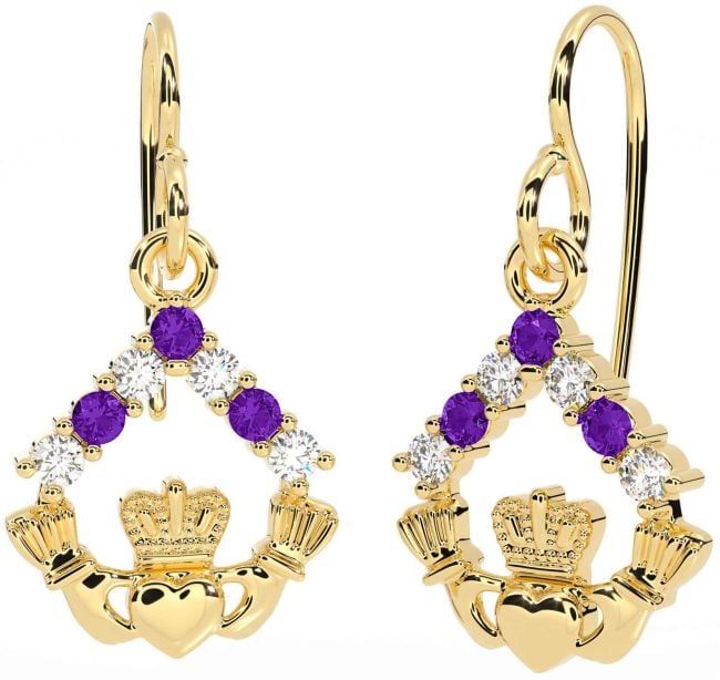 Diamond Amethyst Gold Silver Claddagh Dangle Earrings