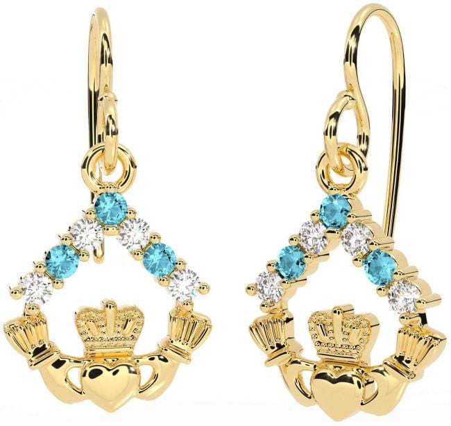 Diamond Aquamarine Gold Silver Claddagh Dangle Earrings