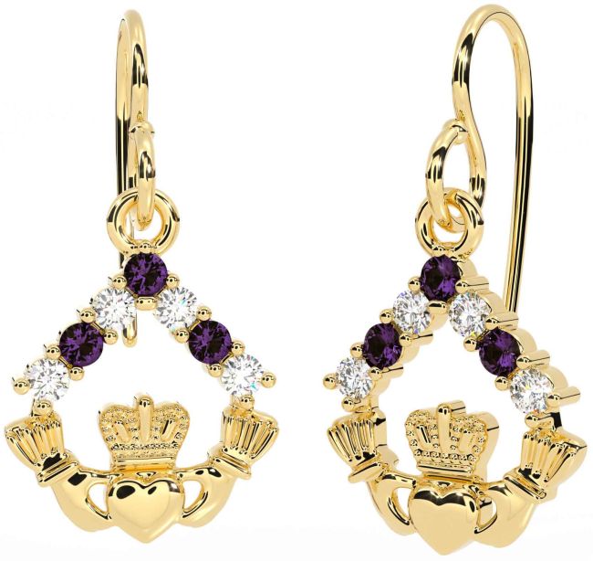 Diamond Alexandrite Gold Silver Claddagh Dangle Earrings