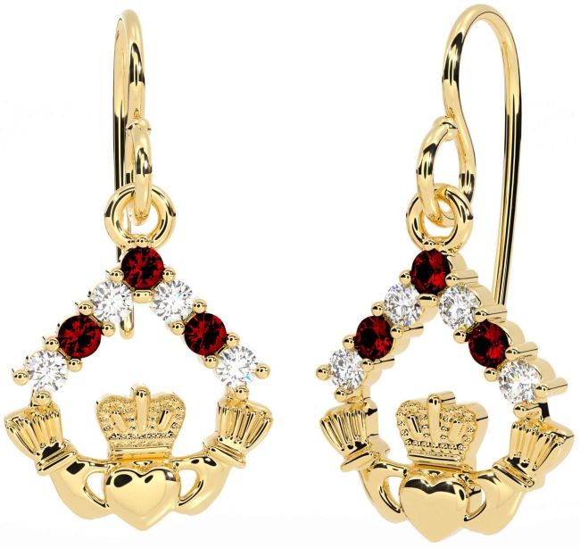 Diamond Garnet Gold Silver Claddagh Dangle Earrings