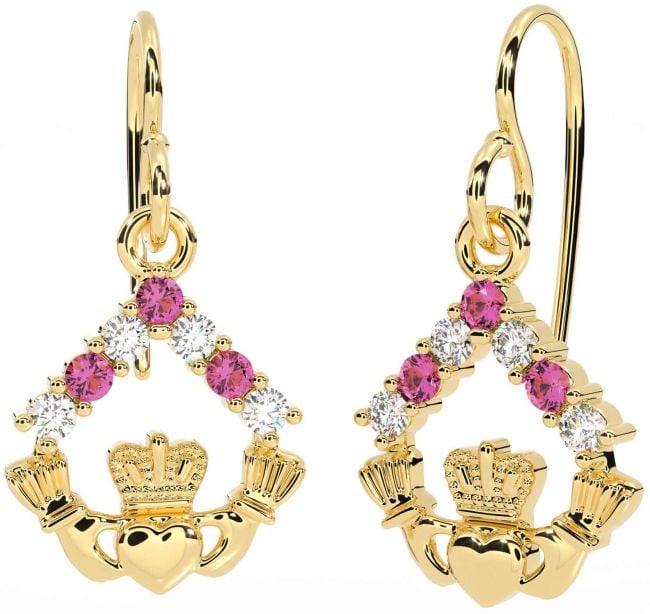 Diamond Pink Tourmaline Gold Silver Claddagh Dangle Earrings