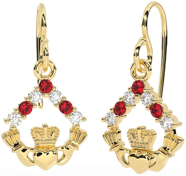 Diamond Ruby Gold Silver Claddagh Dangle Earrings