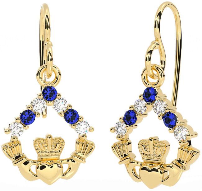 Diamond Sapphire Gold Silver Claddagh Dangle Earrings