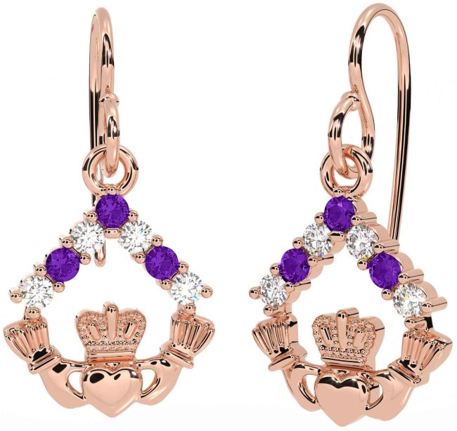 Diamond Amethyst Rose Gold Claddagh Dangle Earrings