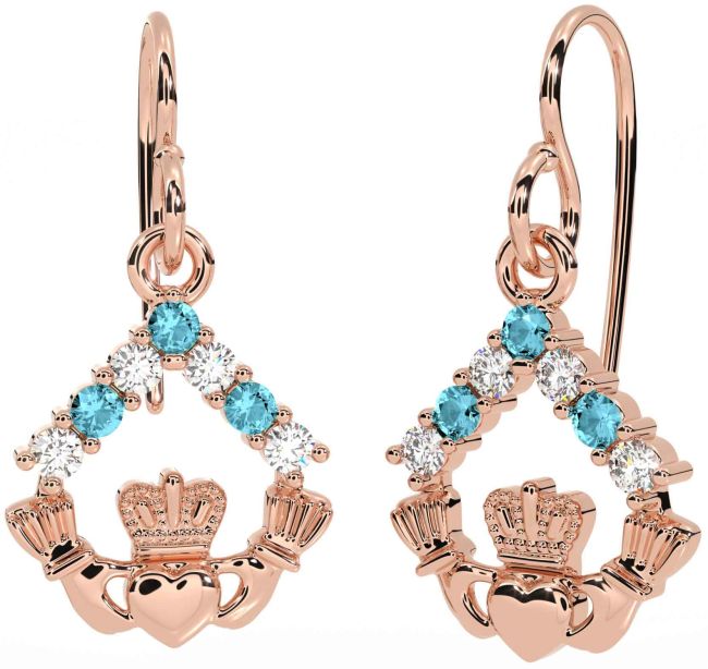 Diamond Aquamarine Rose Gold Claddagh Dangle Earrings