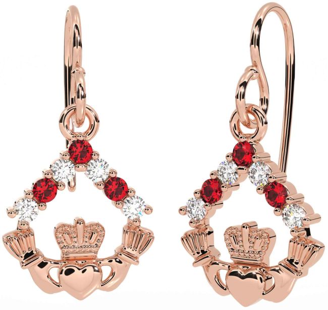 Diamond Ruby Rose Gold Claddagh Dangle Earrings