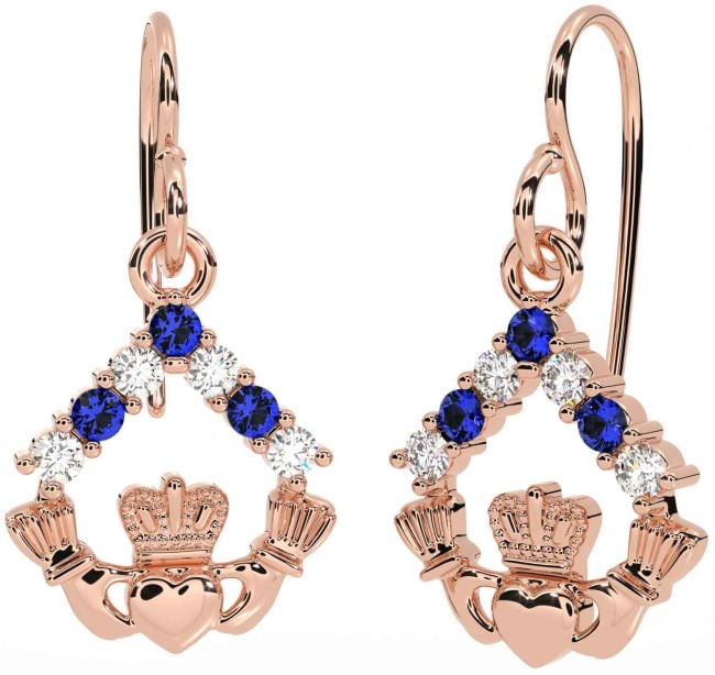 Diamond Sapphire Rose Gold Claddagh Dangle Earrings