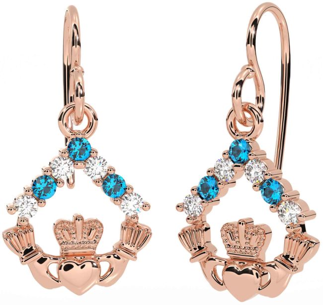 Diamond Topaz Rose Gold Claddagh Dangle Earrings