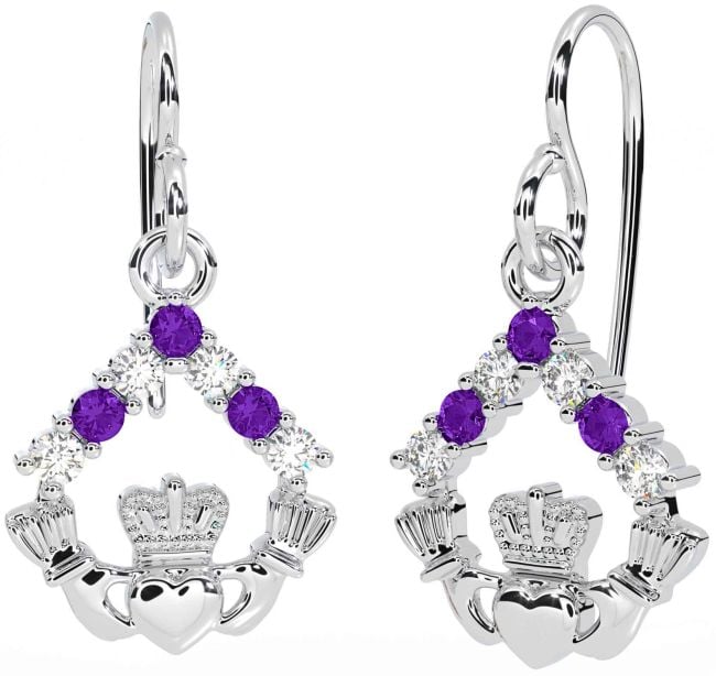 Diamond Amethyst Silver Claddagh Dangle Earrings