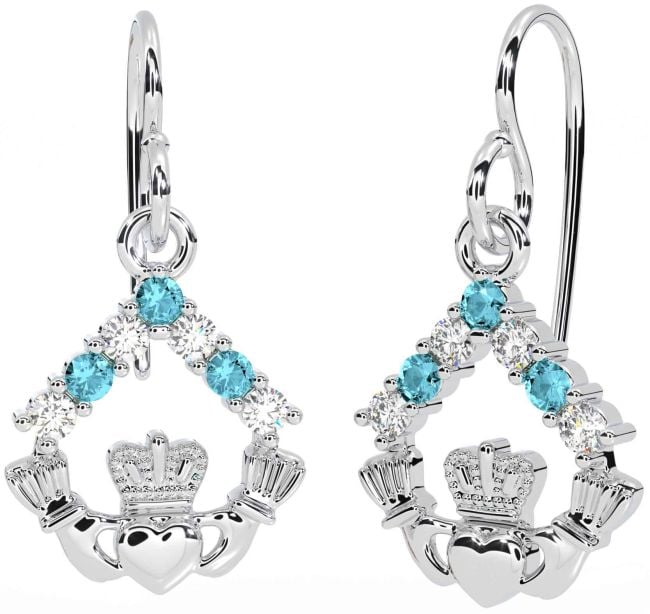 Diamond Aquamarine Silver Claddagh Dangle Earrings