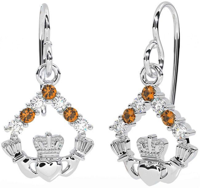 Diamond Citrine Silver Claddagh Dangle Earrings