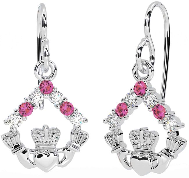 Diamond Pink Tourmaline Silver Claddagh Dangle Earrings